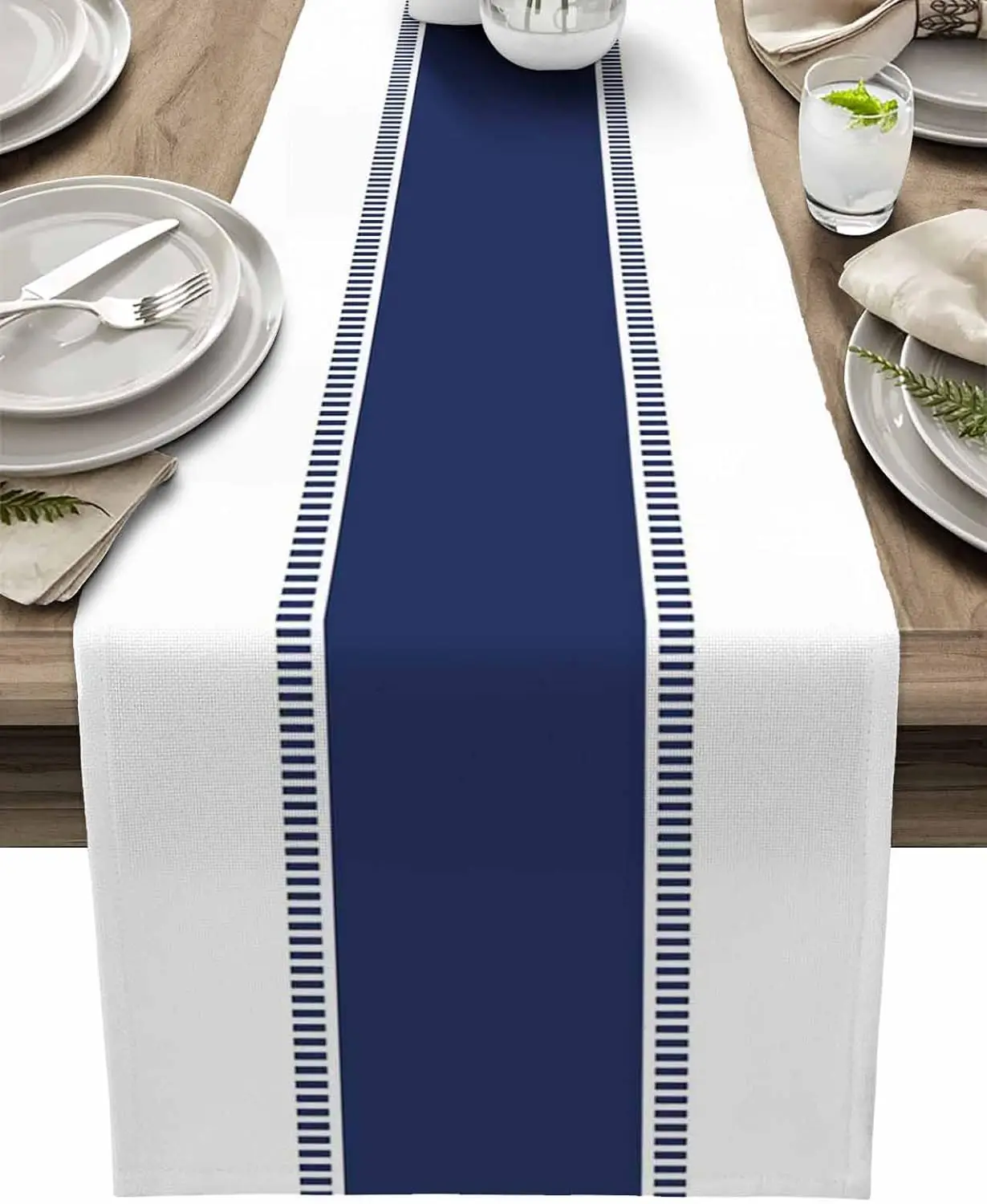 Linen Table Runner - Granatowe paski Lniany bieżnik na stół
