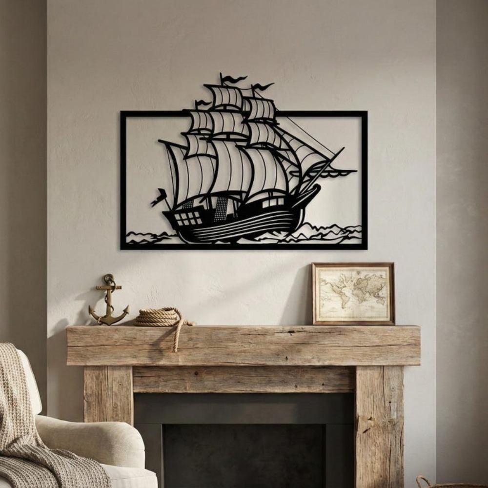 Home Decor Nautical - Metalowa dekoracja ścienna z żaglówką, morska